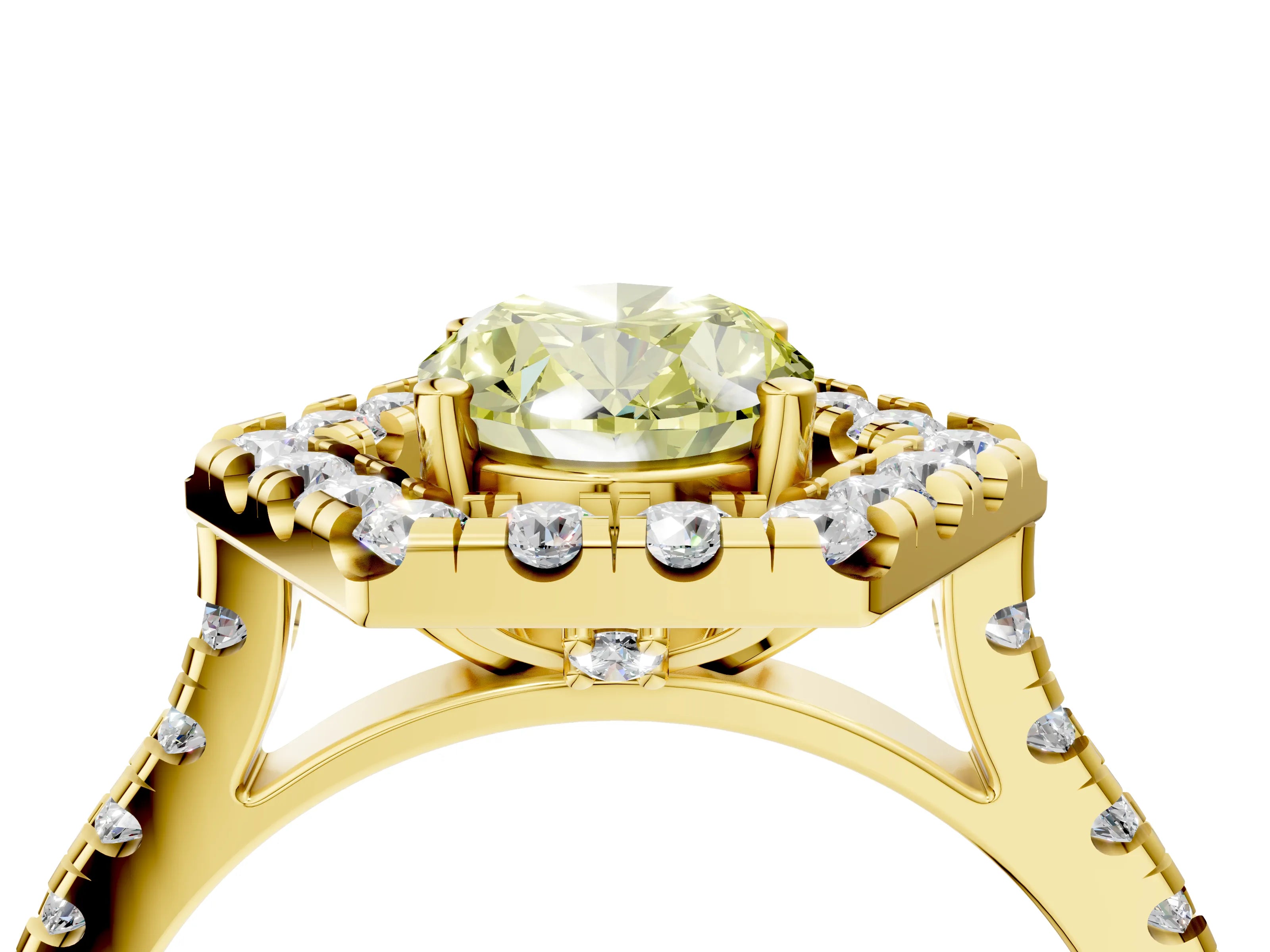 Yellow gold Hexagonal Halo Fancy Yellow Oval Cut Diamond Pavé Band with Four-Prong Setting_4
