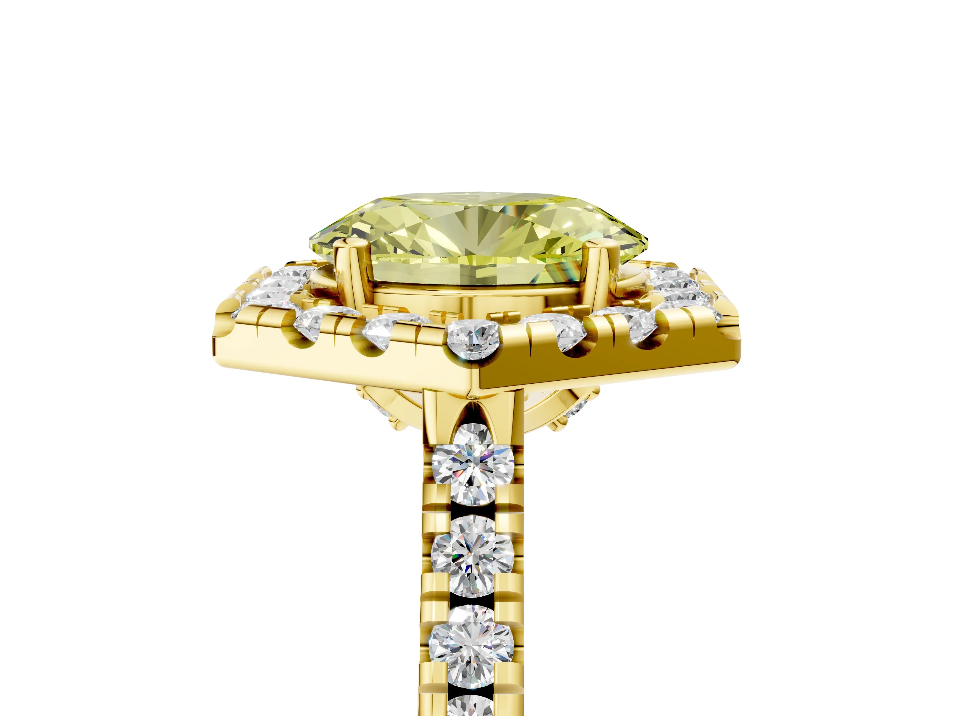Yellow gold Hexagonal Halo Fancy Yellow Oval Cut Diamond Pavé Band with Four-Prong Setting_5