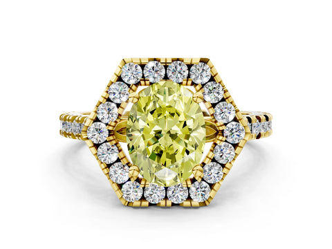 Yellow gold Hexagonal Halo Fancy Yellow Oval Cut Diamond Pavé Band with Four-Prong Setting