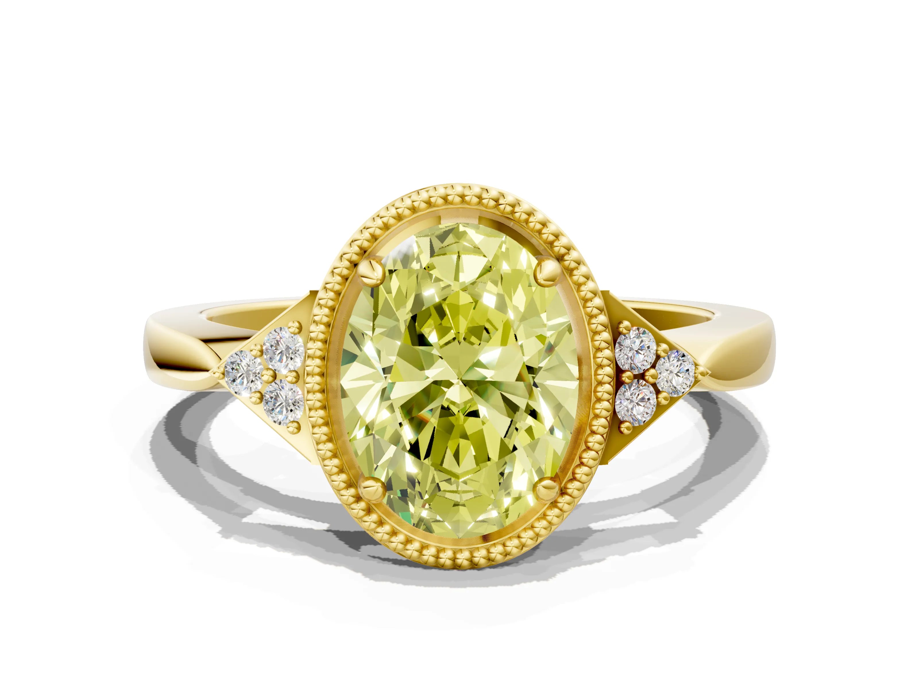 Yellow gold Hexagonal Halo Fancy Yellow Oval Cut Diamond Solitaire with Pavé Band and Four-Prong Setting_3