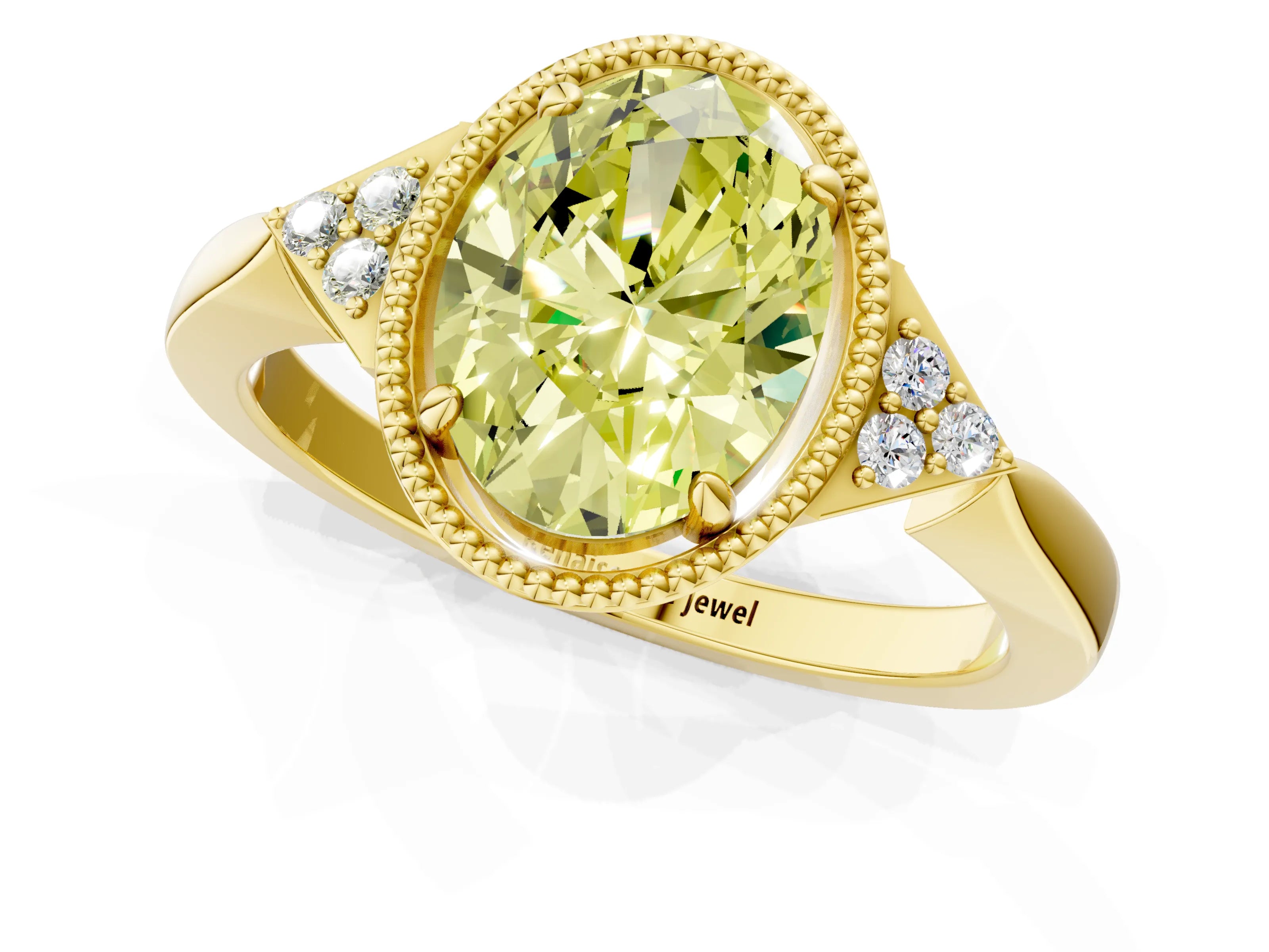 Yellow gold Hexagonal Halo Fancy Yellow Oval Cut Diamond Solitaire with Pavé Band and Four-Prong Setting_4