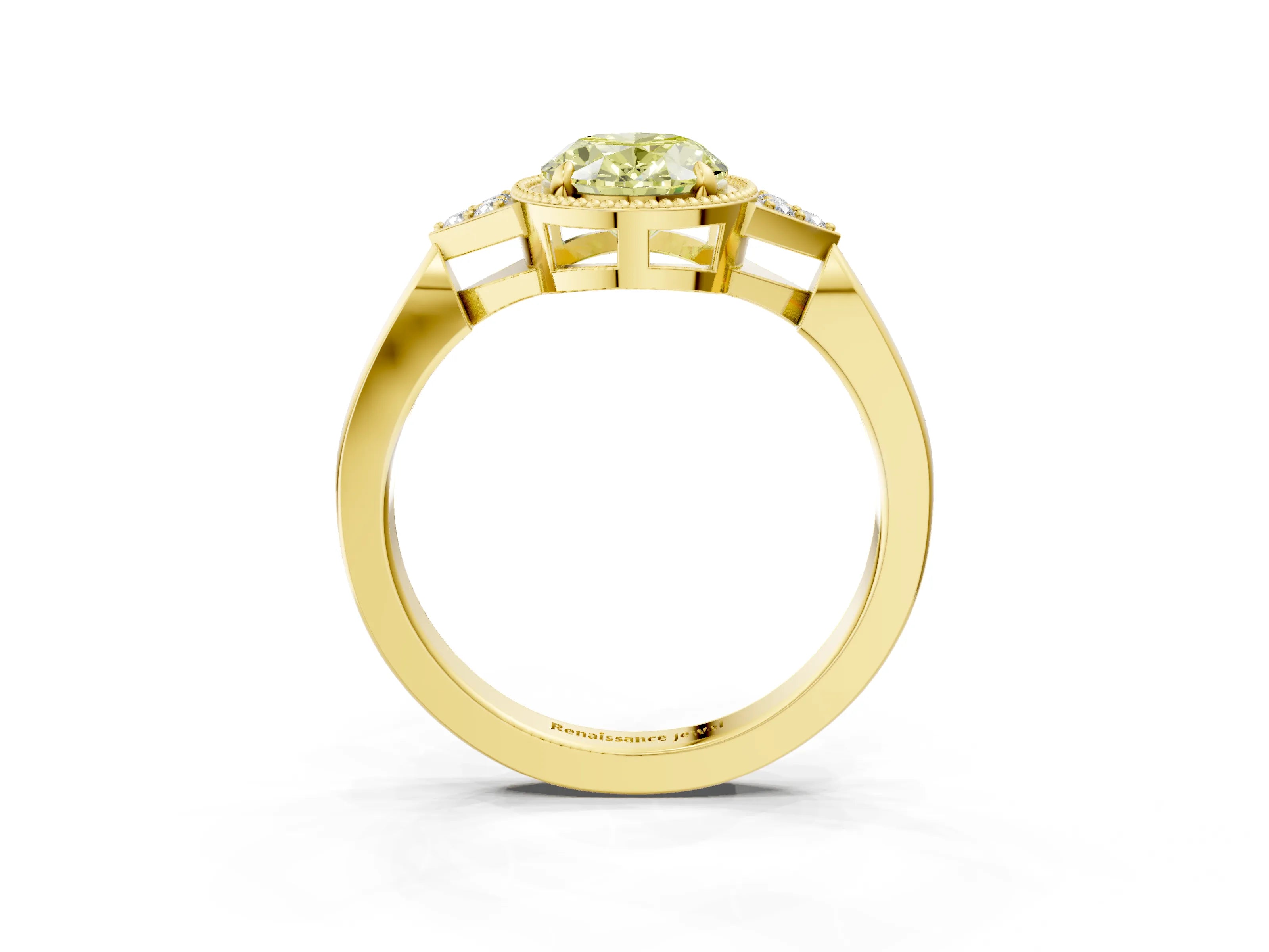 Yellow gold Hexagonal Halo Fancy Yellow Oval Cut Diamond Solitaire with Pavé Band and Four-Prong Setting_6