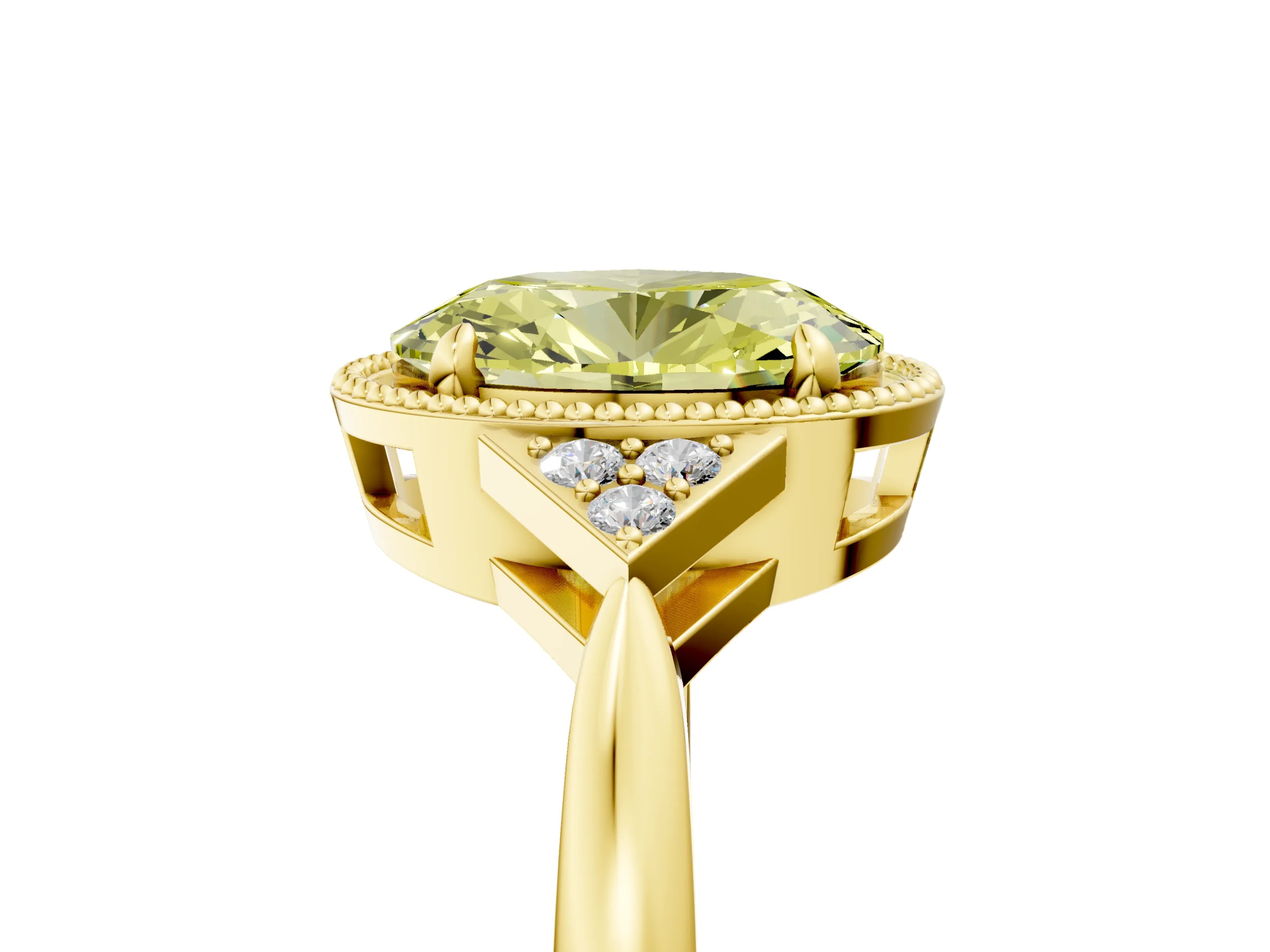 Yellow gold Hexagonal Halo Fancy Yellow Oval Cut Diamond Solitaire with Pavé Band and Four-Prong Setting_8