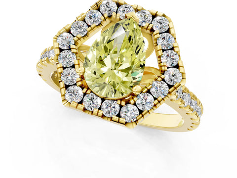 Yellow gold Hexagonal Halo Fancy Yellow Pear Cut Diamond Pavé Band with Four-Prong Setting_1