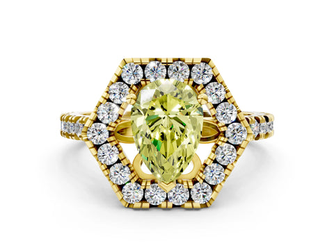 Yellow gold Hexagonal Halo Fancy Yellow Pear Cut Diamond Pavé Band with Four-Prong Setting