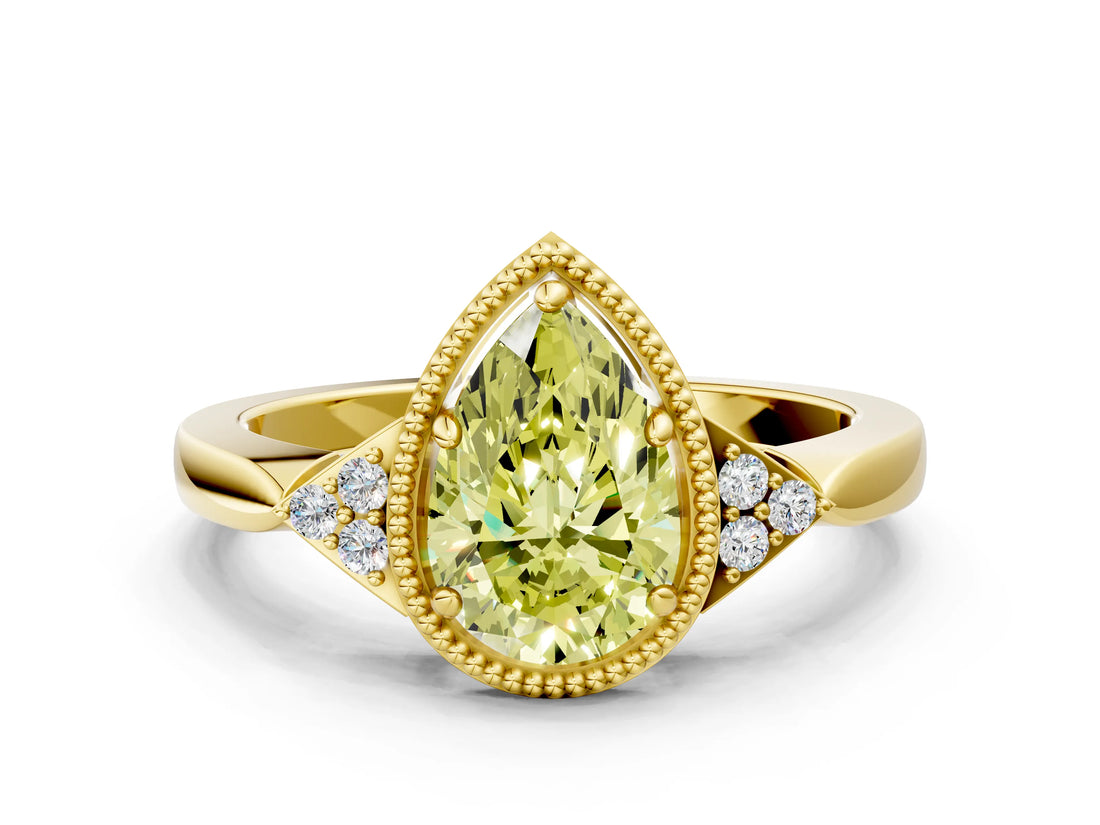 Yellow gold Hexagonal Halo Fancy Yellow Pear Cut Diamond Solitaire with Pavé Band and Four-Prong Setting_3
