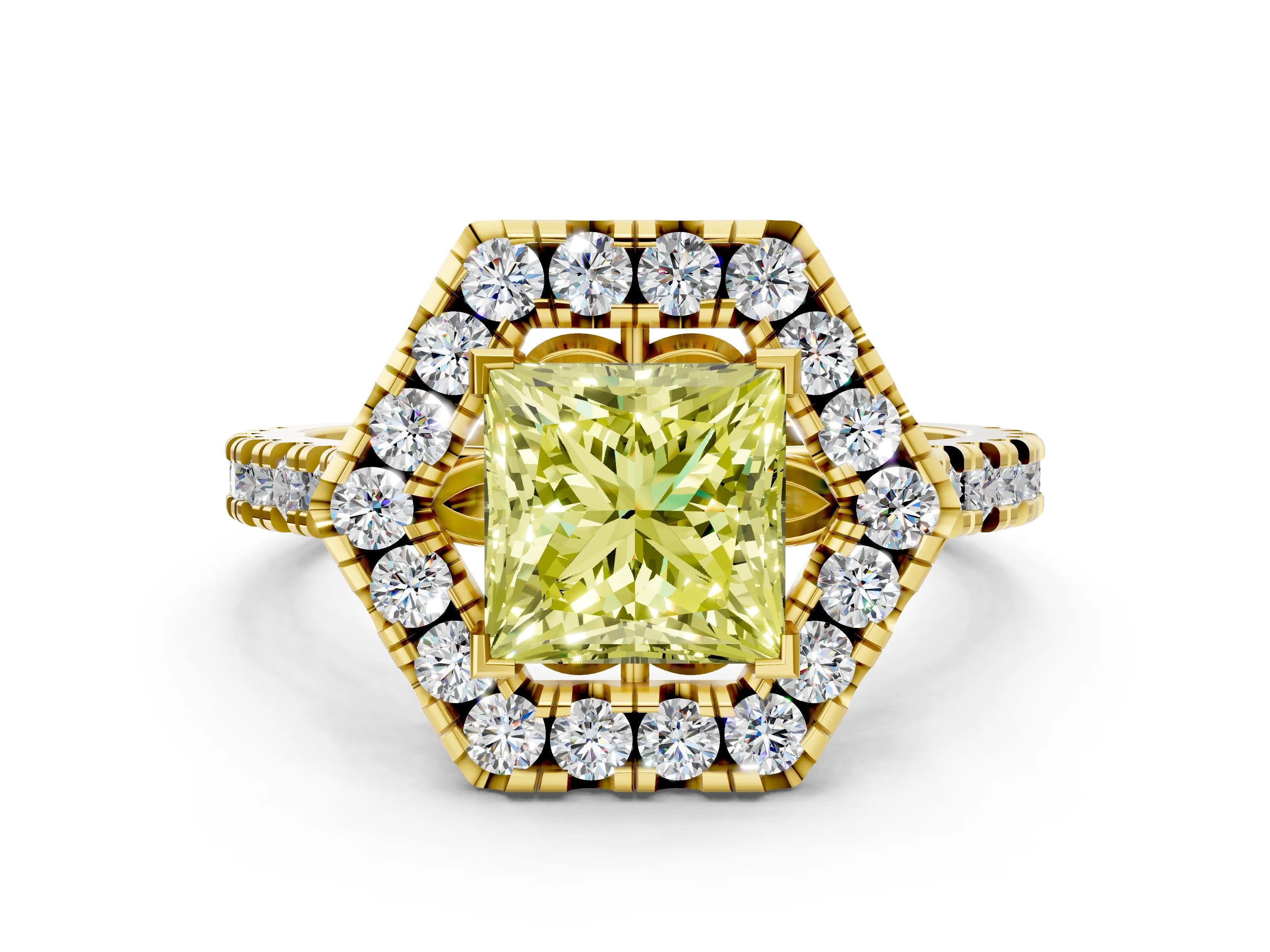 Yellow gold Hexagonal Halo Fancy Yellow Princess Cut Diamond Pavé Band with Four-Prong Setting