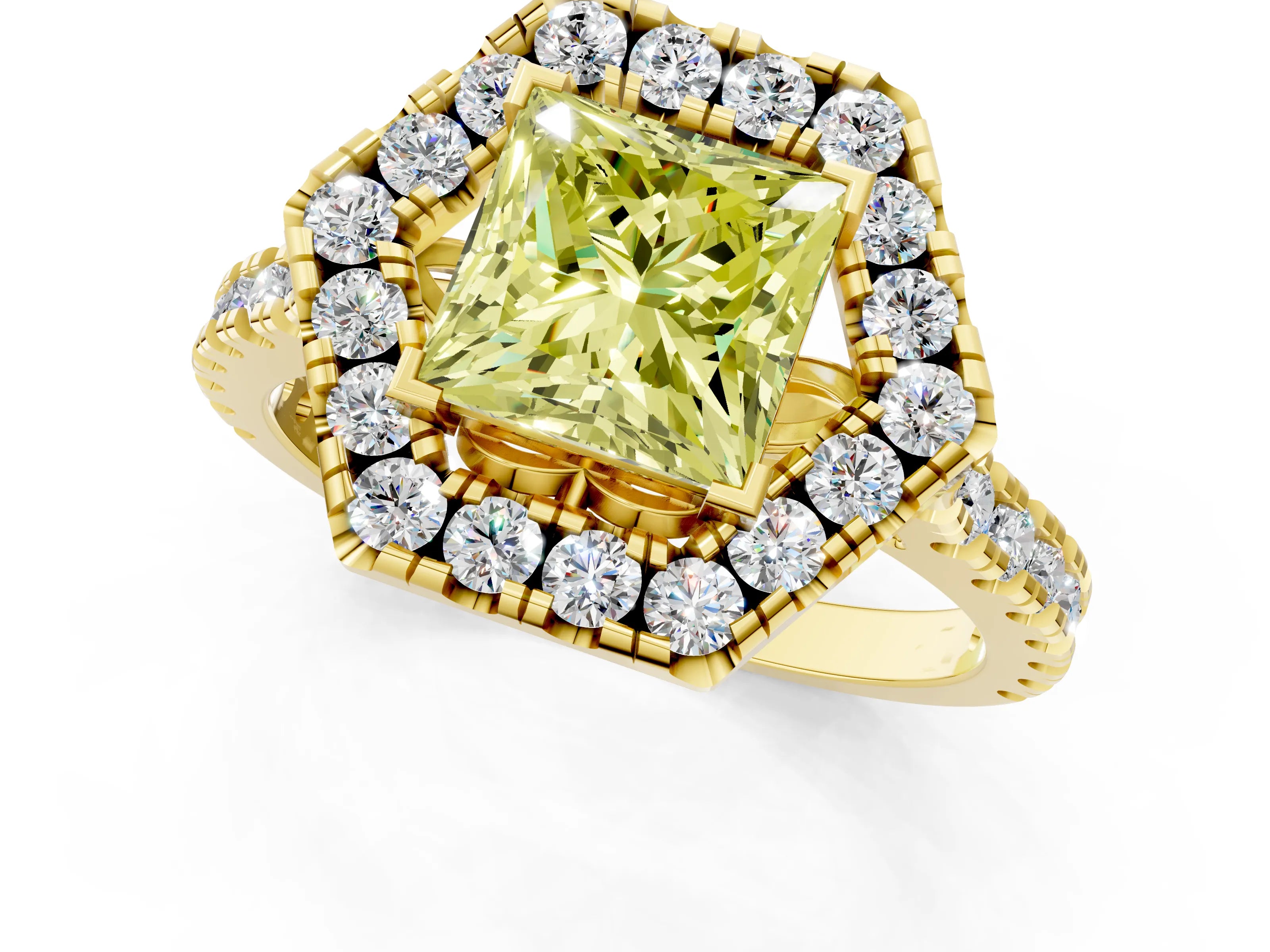 Yellow gold Hexagonal Halo Fancy Yellow Princess Cut Diamond Pavé Band with Four-Prong Setting_1