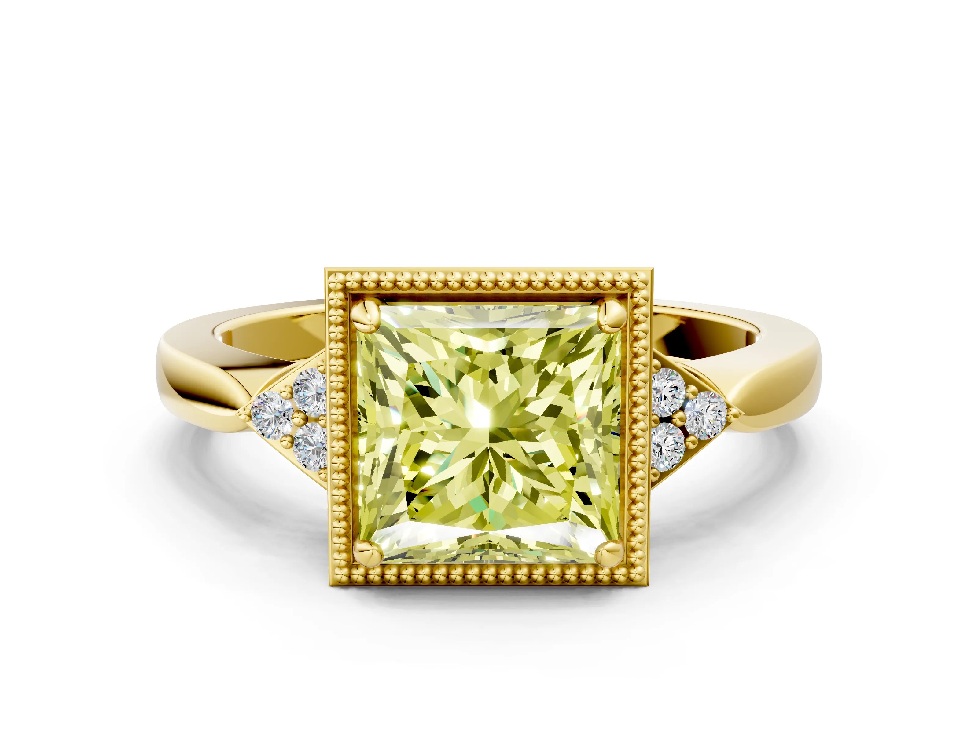 Yellow gold Hexagonal Halo Fancy Yellow Princess Cut Diamond Solitaire with Pavé Band and Four-Prong Setting_3