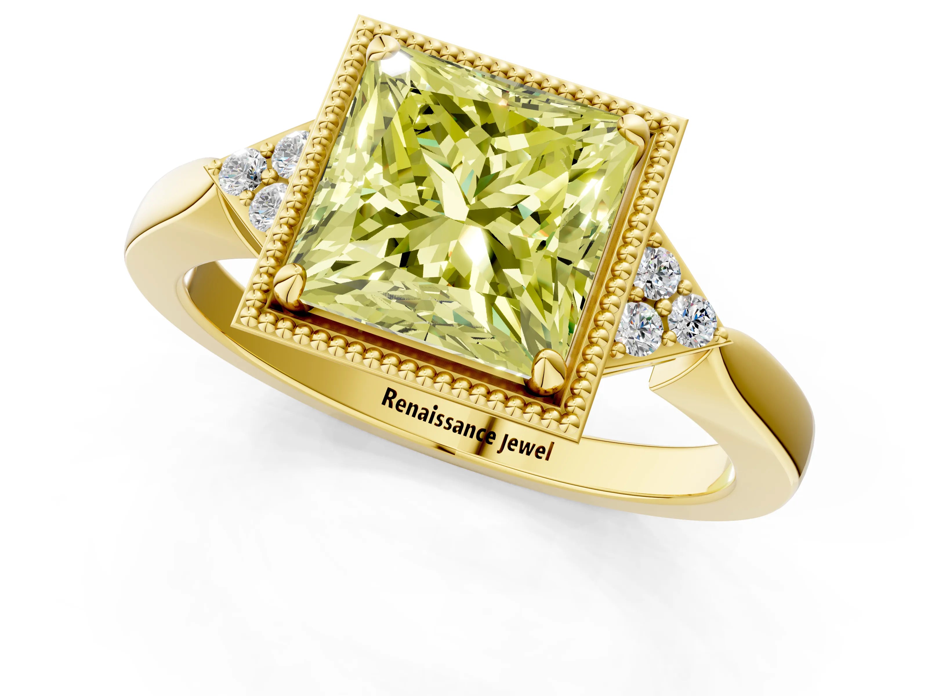 Yellow gold Hexagonal Halo Fancy Yellow Princess Cut Diamond Solitaire with Pavé Band and Four-Prong Setting_4