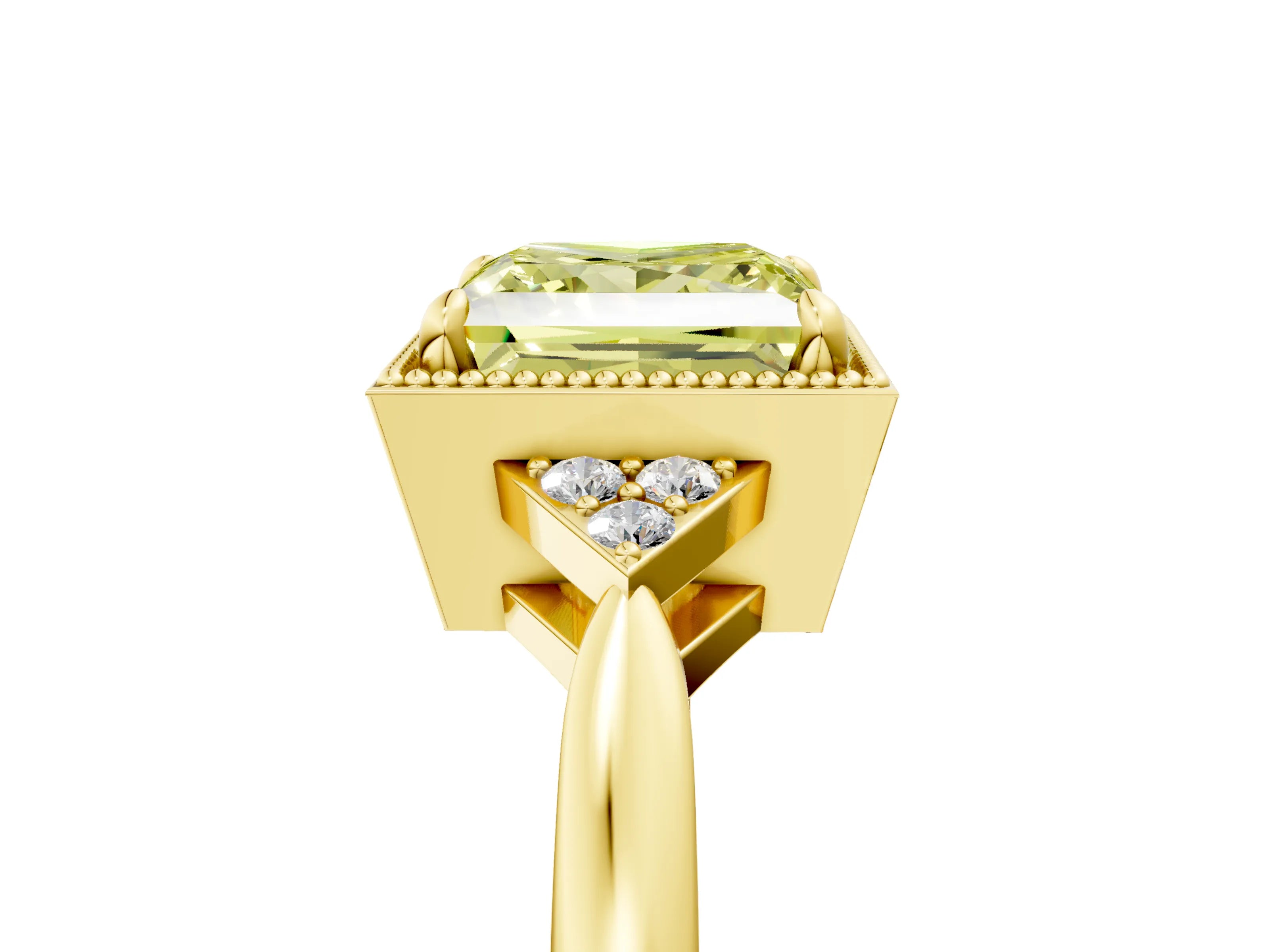 Yellow gold Hexagonal Halo Fancy Yellow Princess Cut Diamond Solitaire with Pavé Band and Four-Prong Setting_8