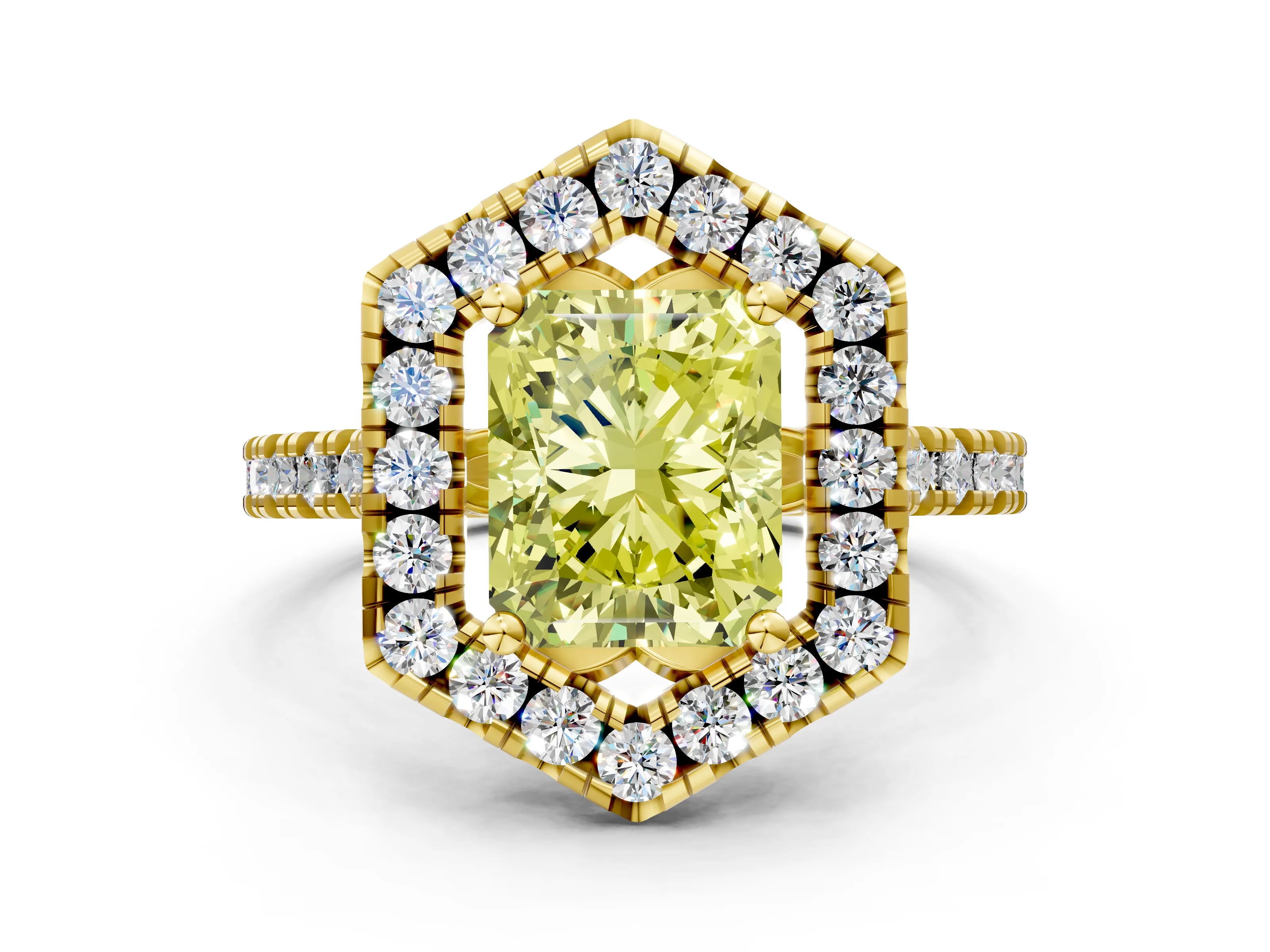 Yellow gold Hexagonal Halo Fancy Yellow Radiant Cut Diamond Pavé Band with Four-Prong Setting