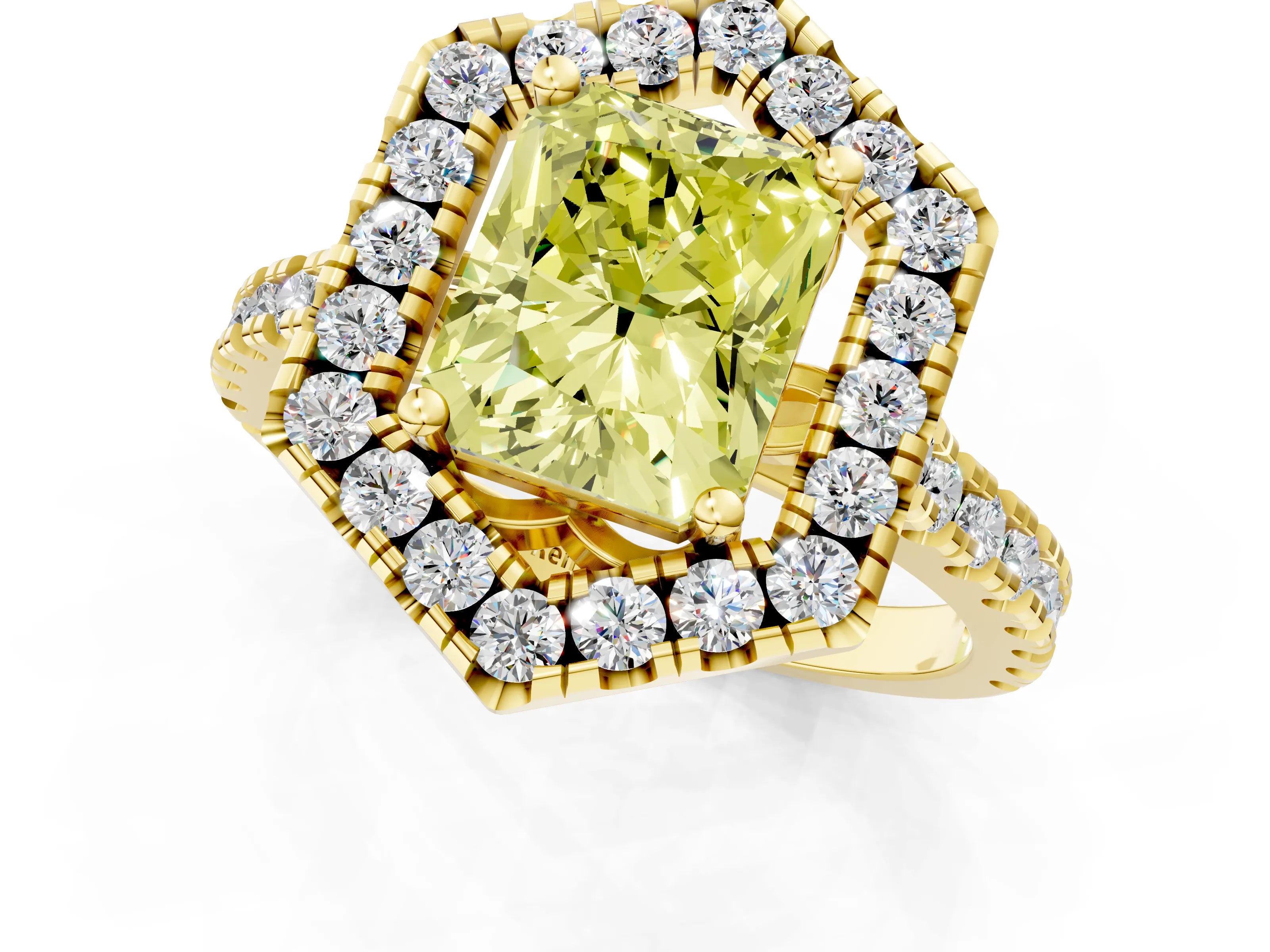 Yellow gold Hexagonal Halo Fancy Yellow Radiant Cut Diamond Pavé Band with Four-Prong Setting_1