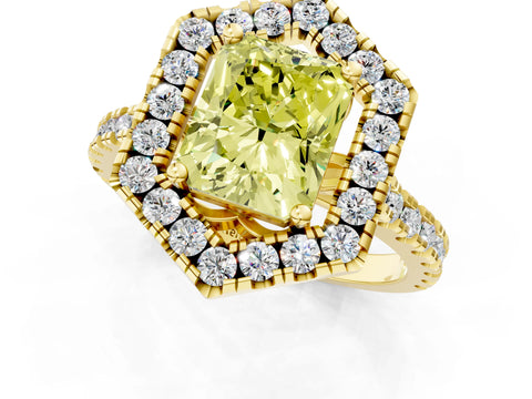 Yellow gold Hexagonal Halo Fancy Yellow Radiant Cut Diamond Pavé Band with Four-Prong Setting_1