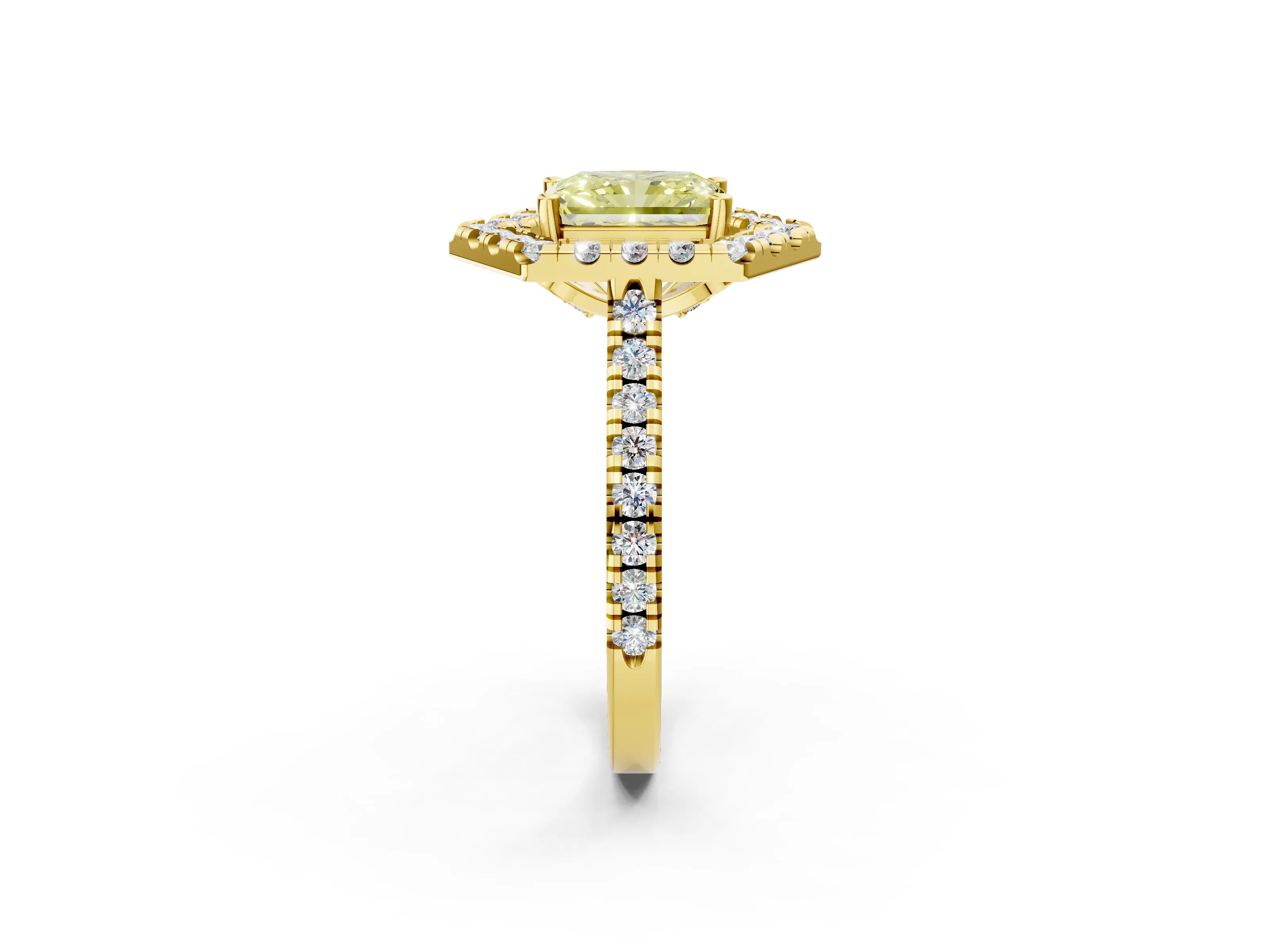 Yellow gold Hexagonal Halo Fancy Yellow Radiant Cut Diamond Pavé Band with Four-Prong Setting_2