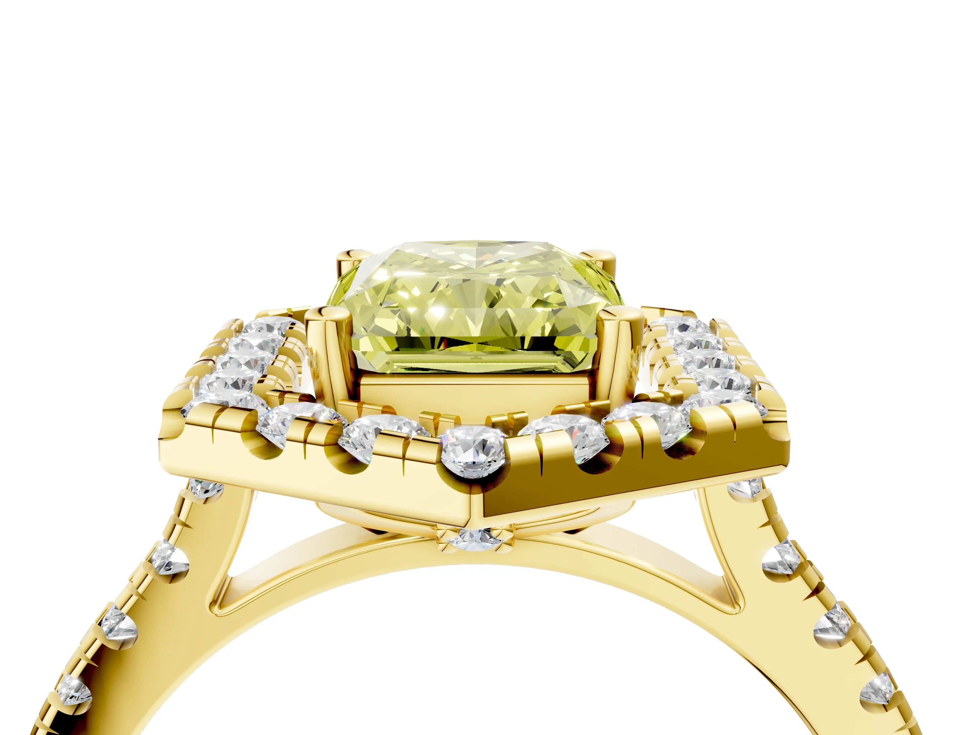 Yellow gold Hexagonal Halo Fancy Yellow Radiant Cut Diamond Pavé Band with Four-Prong Setting_4