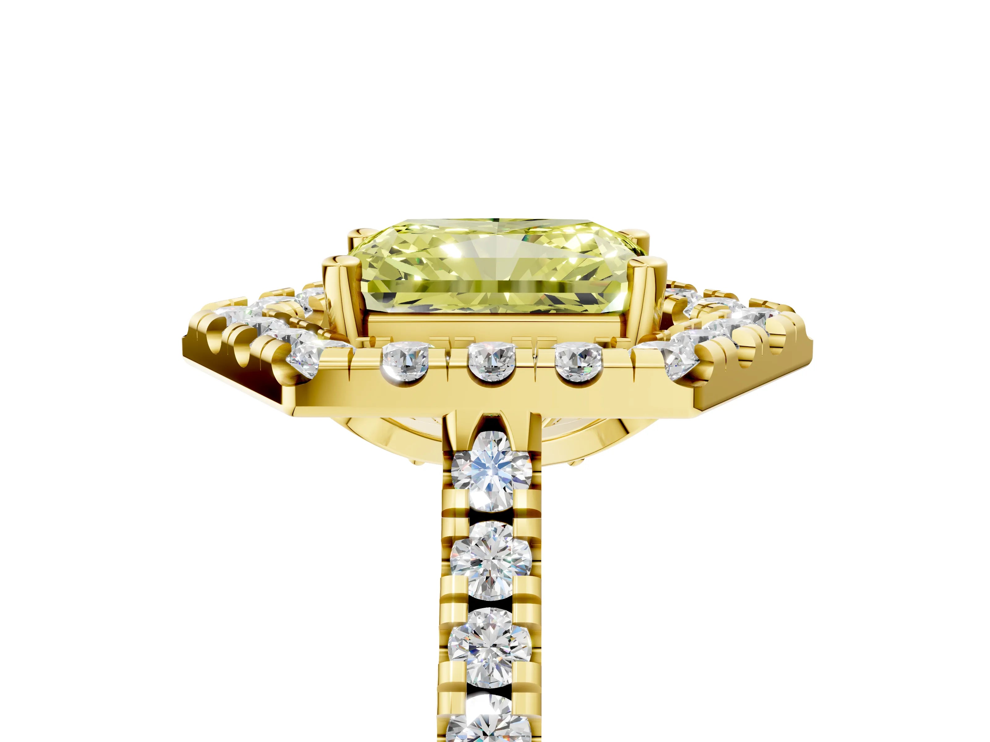 Yellow gold Hexagonal Halo Fancy Yellow Radiant Cut Diamond Pavé Band with Four-Prong Setting_5