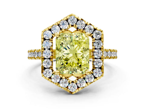 Yellow gold Hexagonal Halo Fancy Yellow Radiant Cut Diamond Pavé Band with Four-Prong Setting