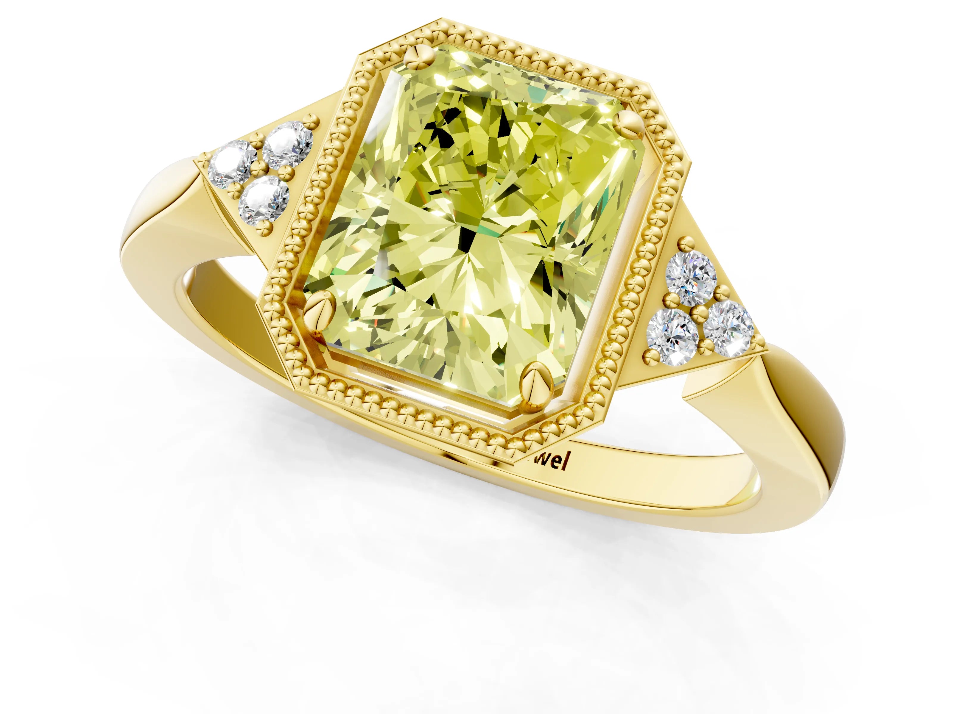 Yellow gold Hexagonal Halo Fancy Yellow Radiant Cut Diamond Solitaire with Pavé Band and Four-Prong Setting_4