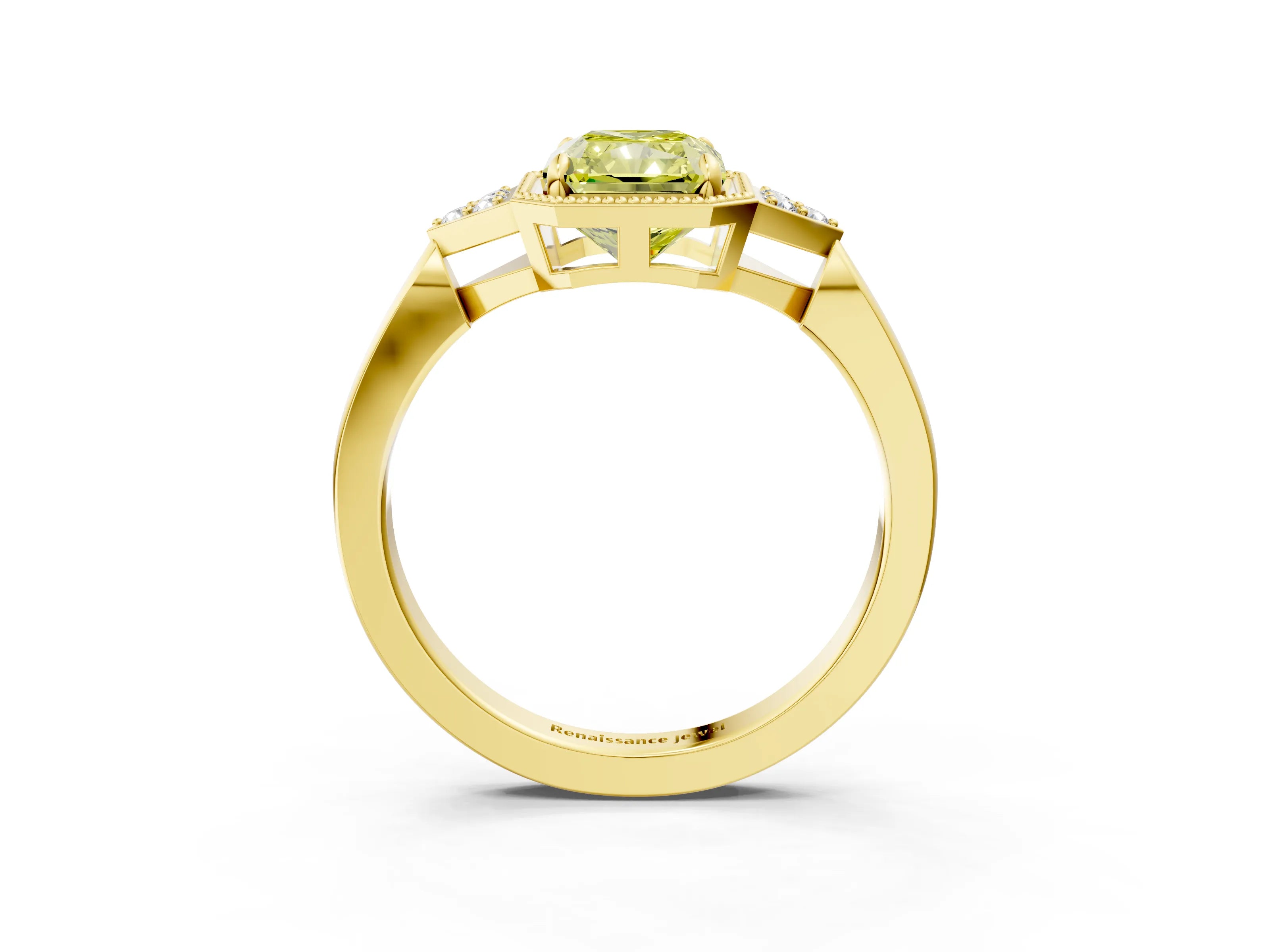 Yellow gold Hexagonal Halo Fancy Yellow Radiant Cut Diamond Solitaire with Pavé Band and Four-Prong Setting_6