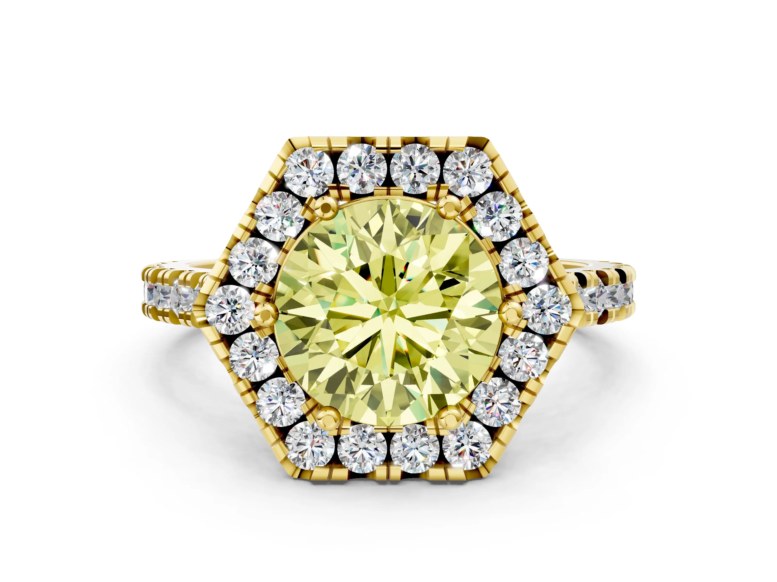 Yellow gold Hexagonal Halo Fancy Yellow Round Cut Diamond Pavé Band with Four-Prong Setting