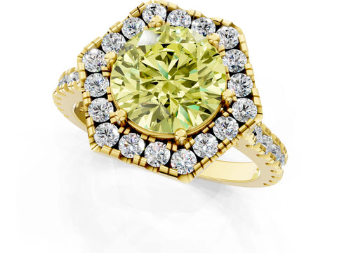Yellow gold Hexagonal Halo Fancy Yellow Round Cut Diamond Pavé Band with Four-Prong Setting_1