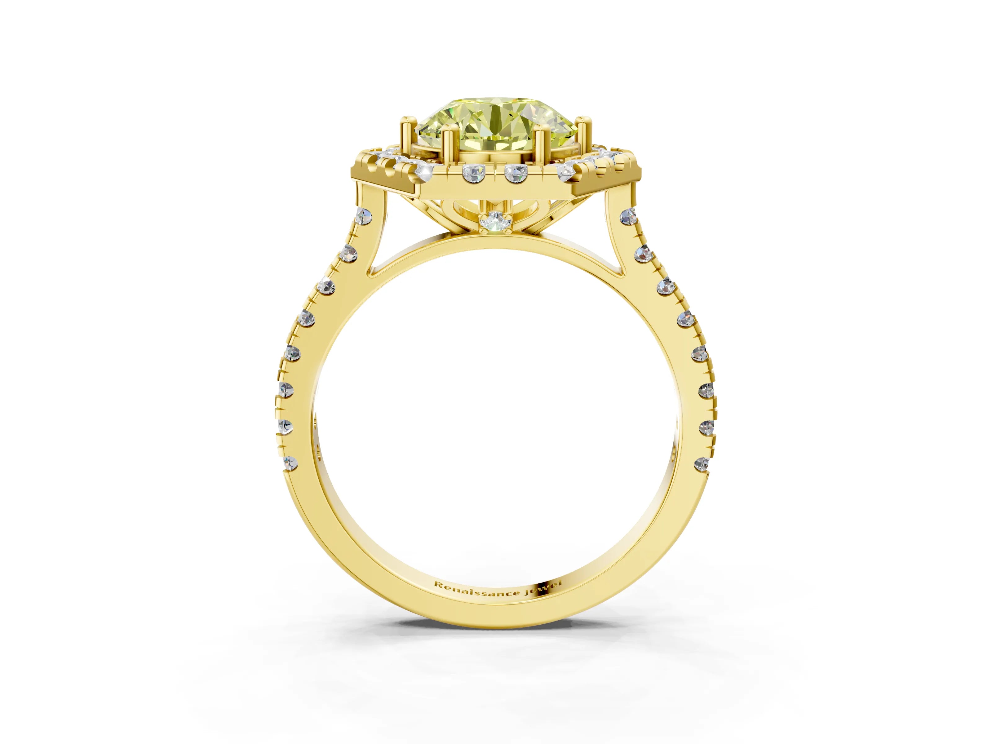 Yellow gold Hexagonal Halo Fancy Yellow Round Cut Diamond Pavé Band with Four-Prong Setting_3