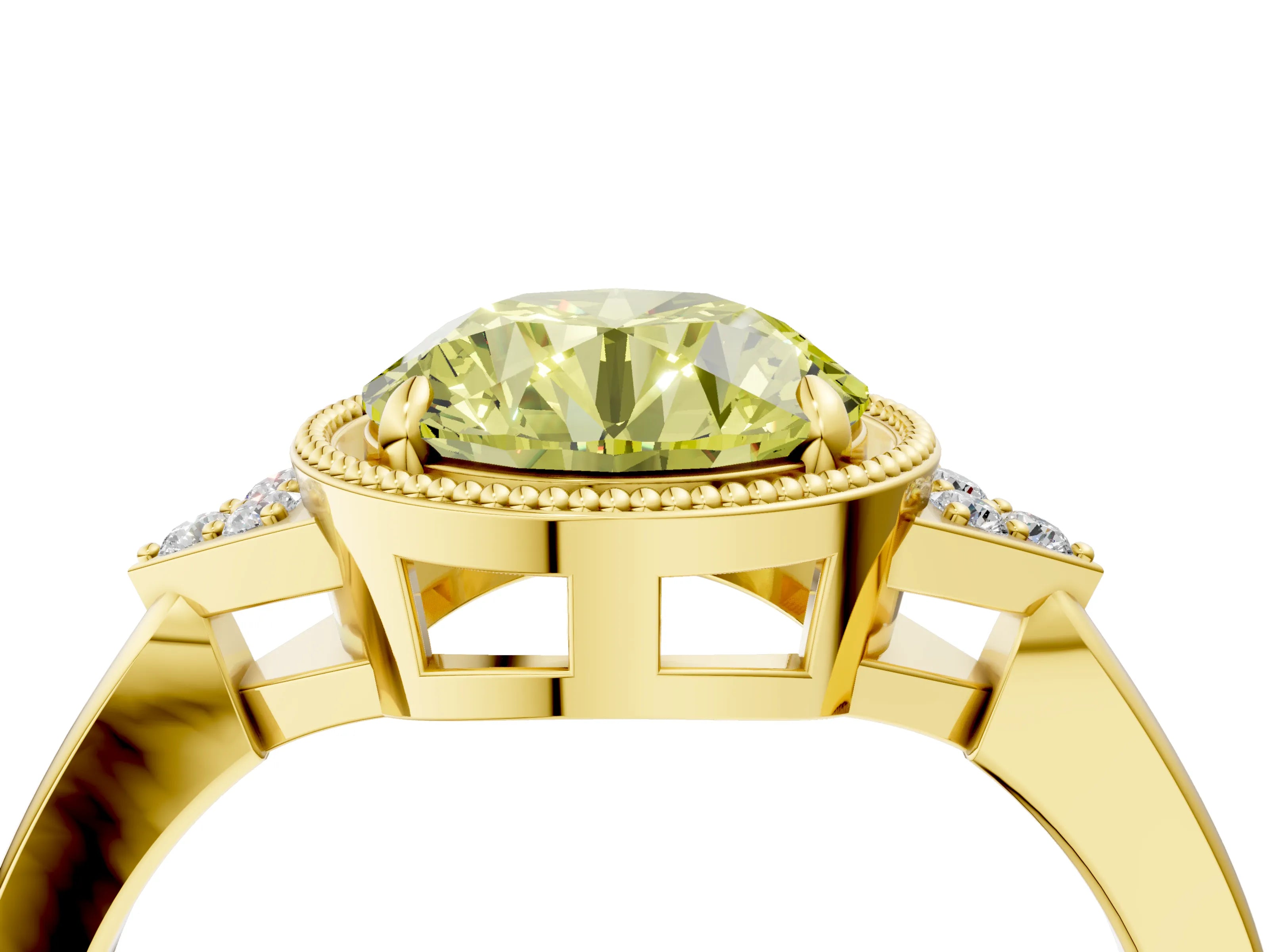 Yellow gold Hexagonal Halo Fancy Yellow Round Cut Diamond Solitaire with Pavé Band and Four-Prong Setting_7
