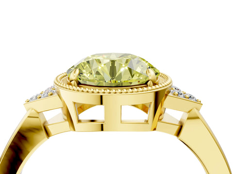 Yellow gold Hexagonal Halo Fancy Yellow Round Cut Diamond Solitaire with Pavé Band and Four-Prong Setting_7