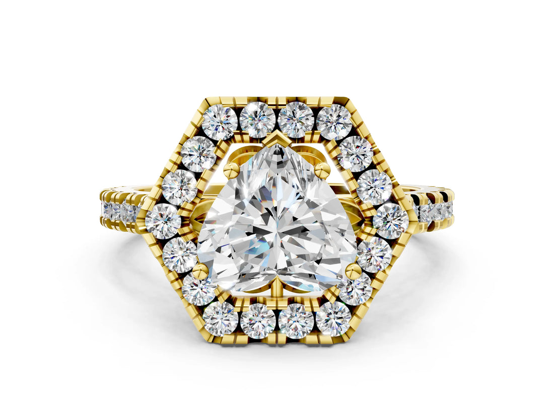 Yellow gold Hexagonal Halo Heart Cut Diamond Pavé Band with Four-Prong Setting_3