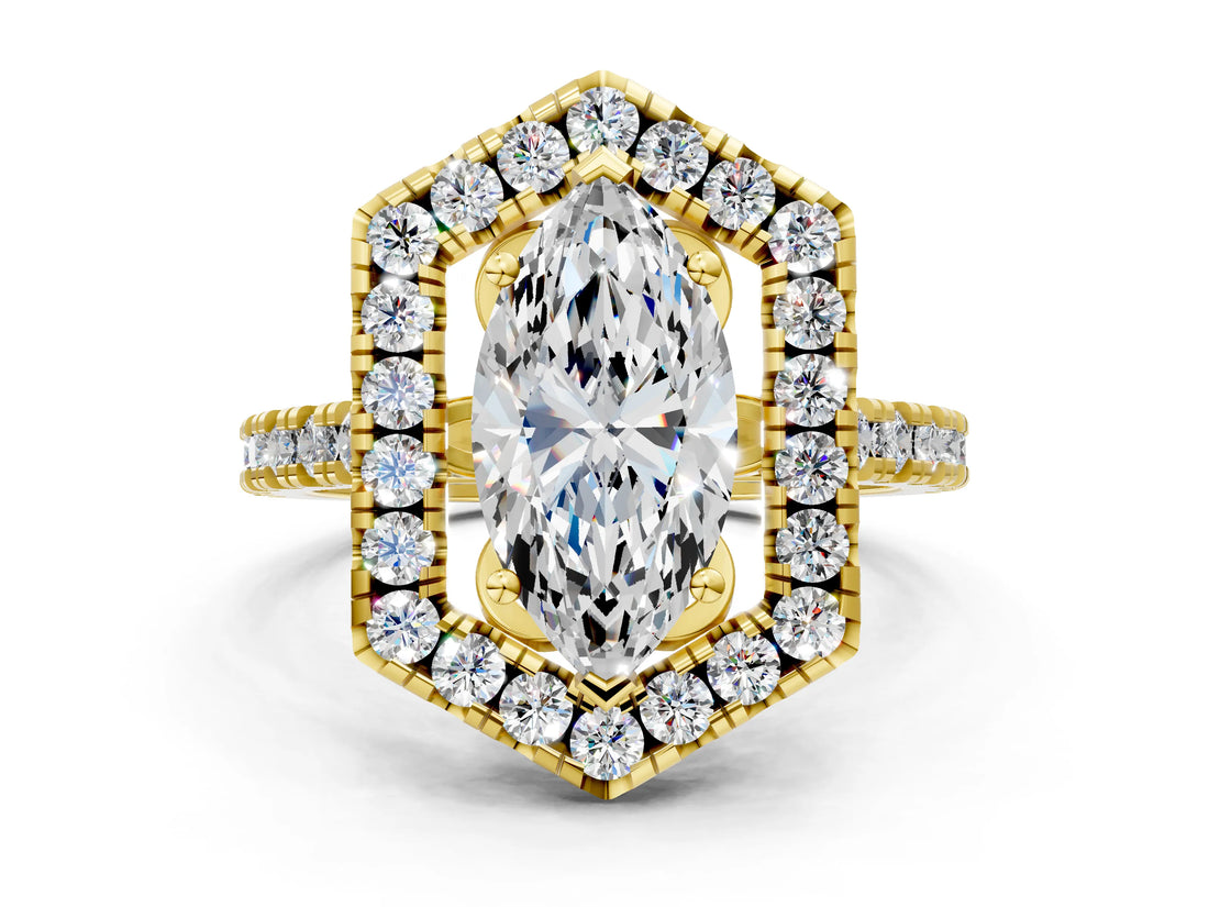 Yellow gold Hexagonal Halo Marquise Cut Diamond Pavé Band with Four-Prong Setting_3