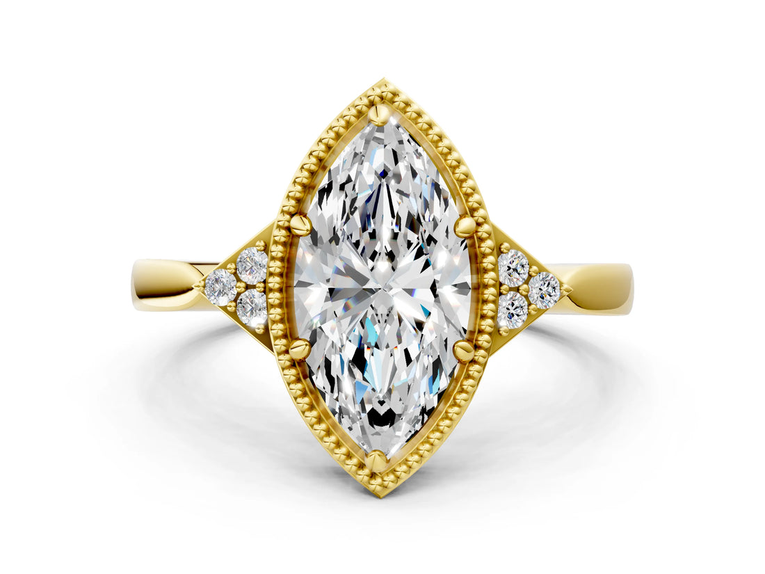 Yellow gold Hexagonal Halo Marquise Cut Diamond Solitaire with Pavé Band and Four-Prong Setting_3