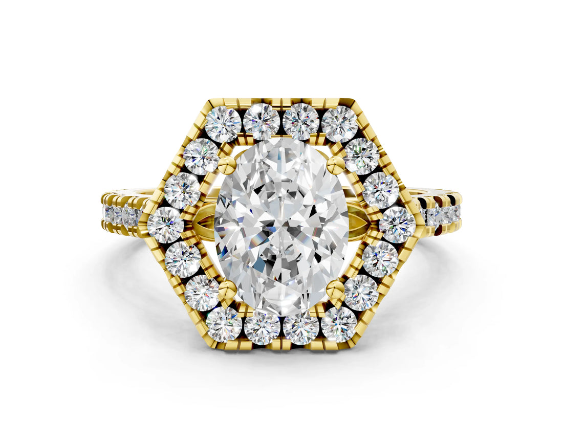 Yellow gold Hexagonal Halo Oval Cut Diamond Pavé Band with Four-Prong Setting_3