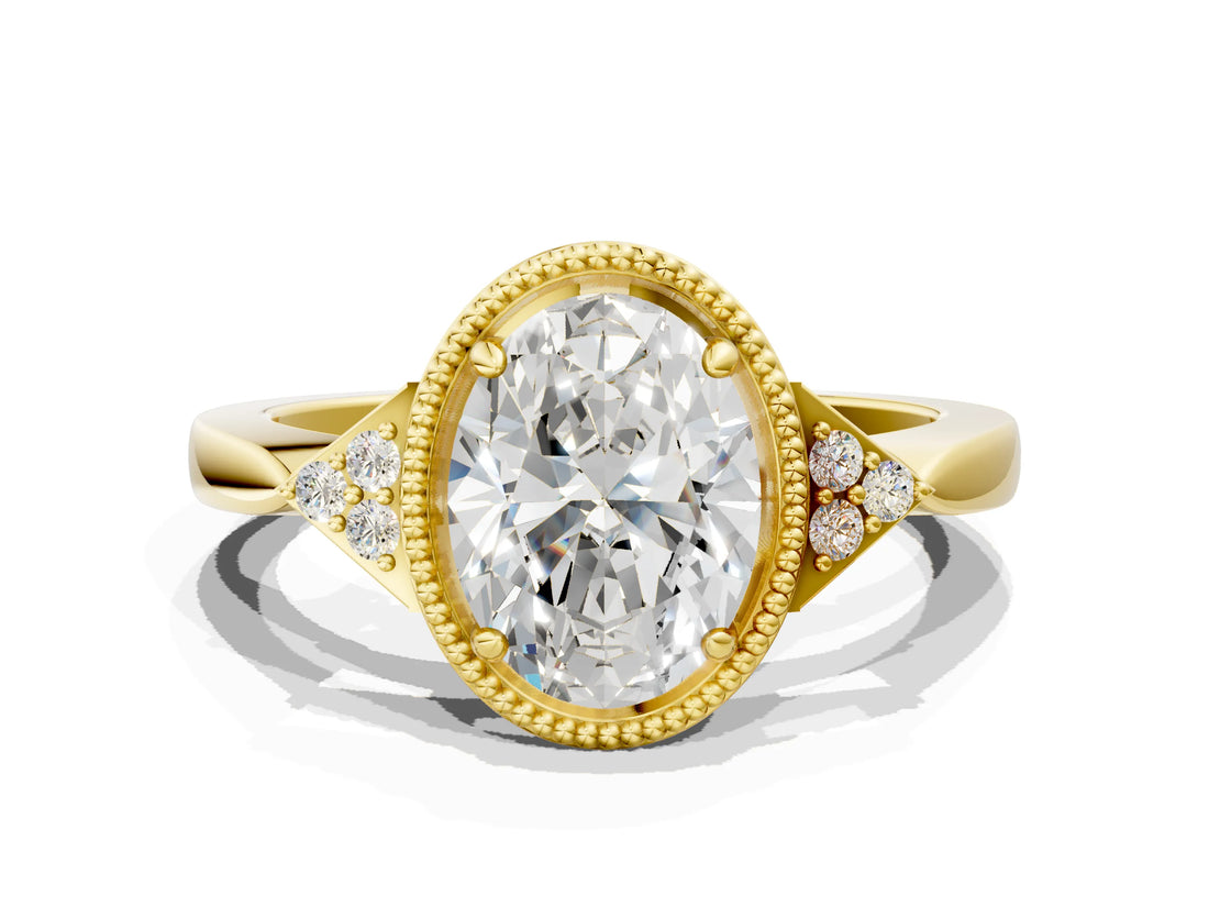 Yellow gold Hexagonal Halo Oval Cut Diamond Solitaire with Pavé Band and Four-Prong Setting_3