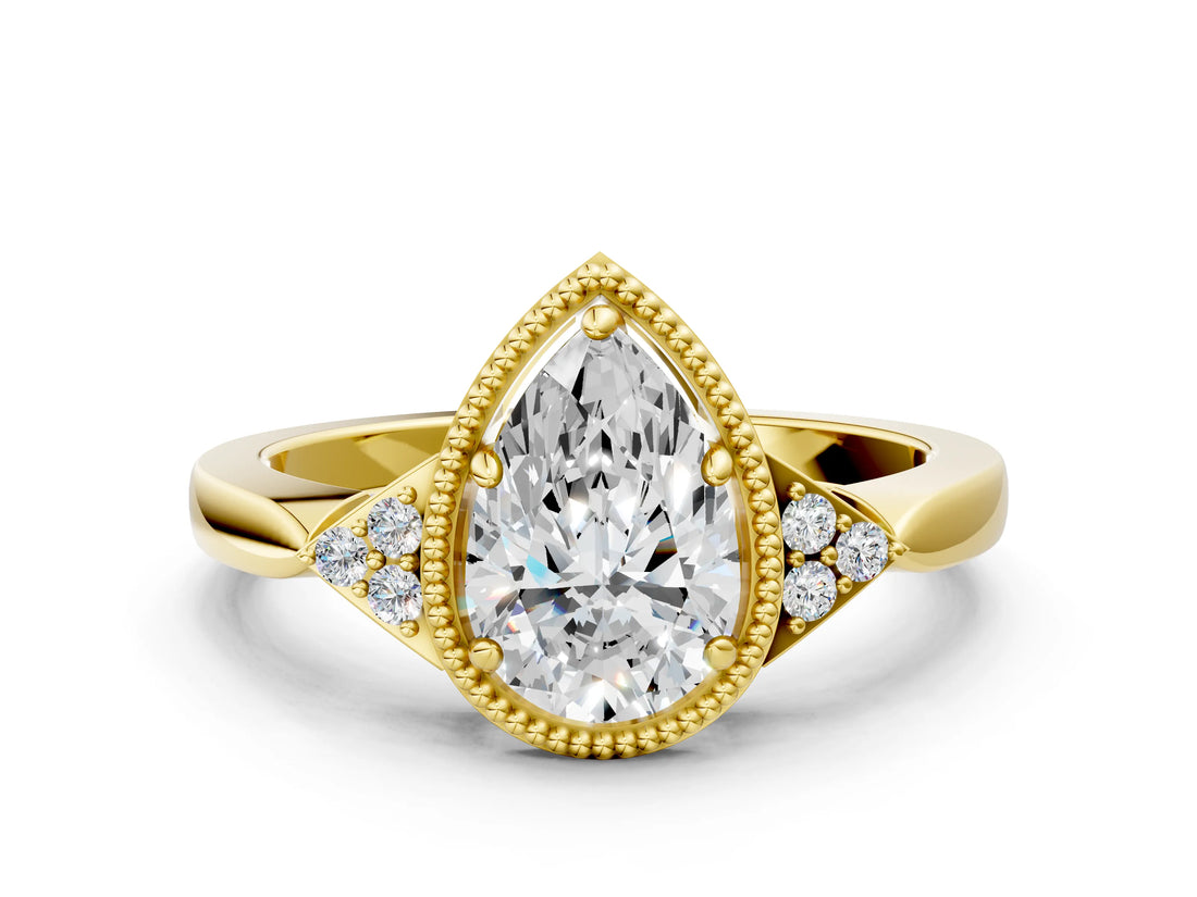 Yellow gold Hexagonal Halo Pear Cut Diamond Solitaire with Pavé Band and Four-Prong Setting_3