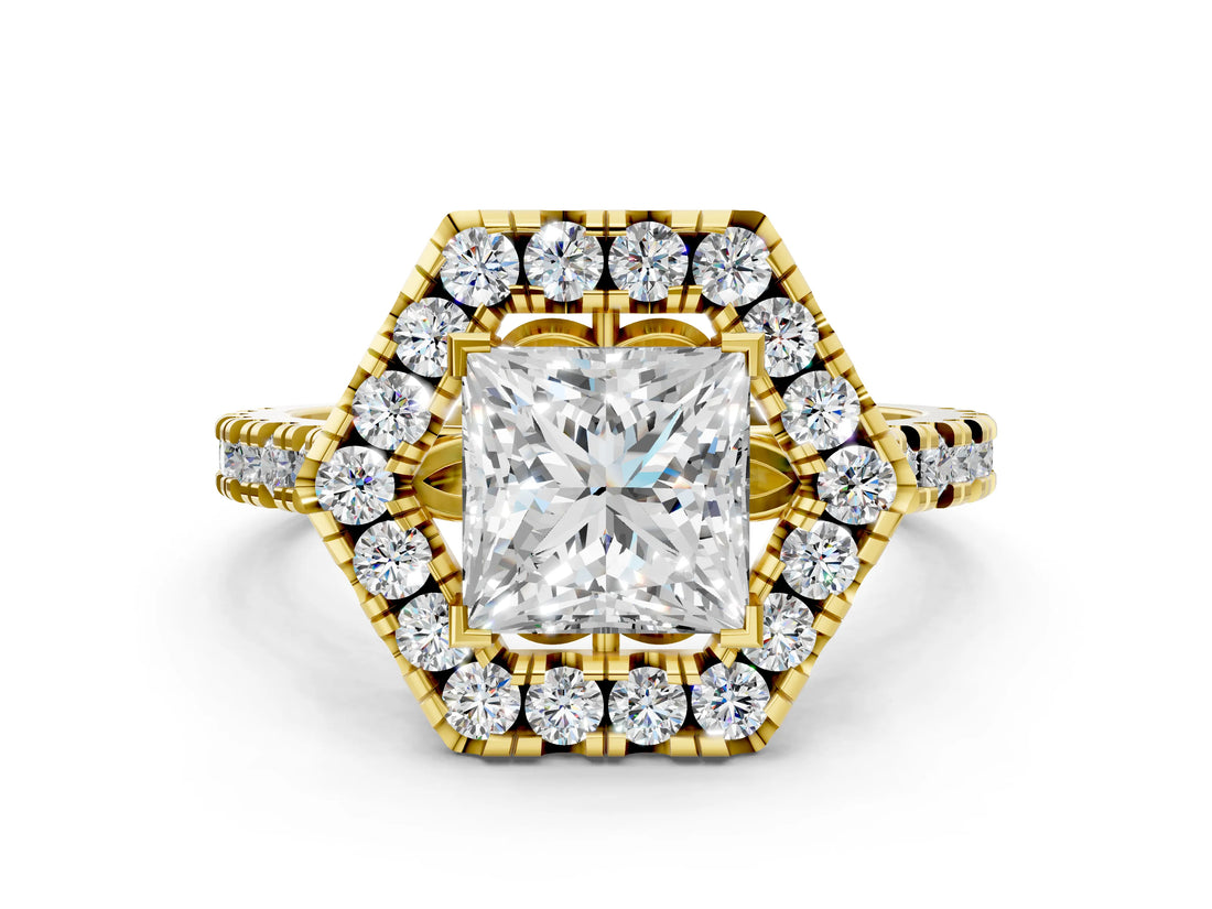 Yellow gold Hexagonal Halo Princess Cut Diamond Pavé Band with Four-Prong Setting_3
