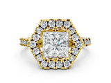 Yellow gold Hexagonal Halo Princess Cut Diamond Pavé Band with Four-Prong Setting_3