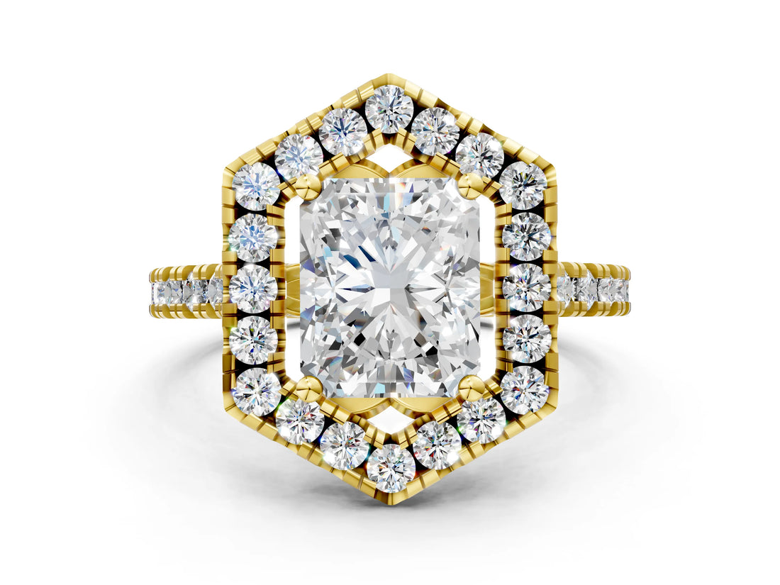 Yellow gold Hexagonal Halo Radiant Cut Diamond Pavé Band with Four-Prong Setting_3