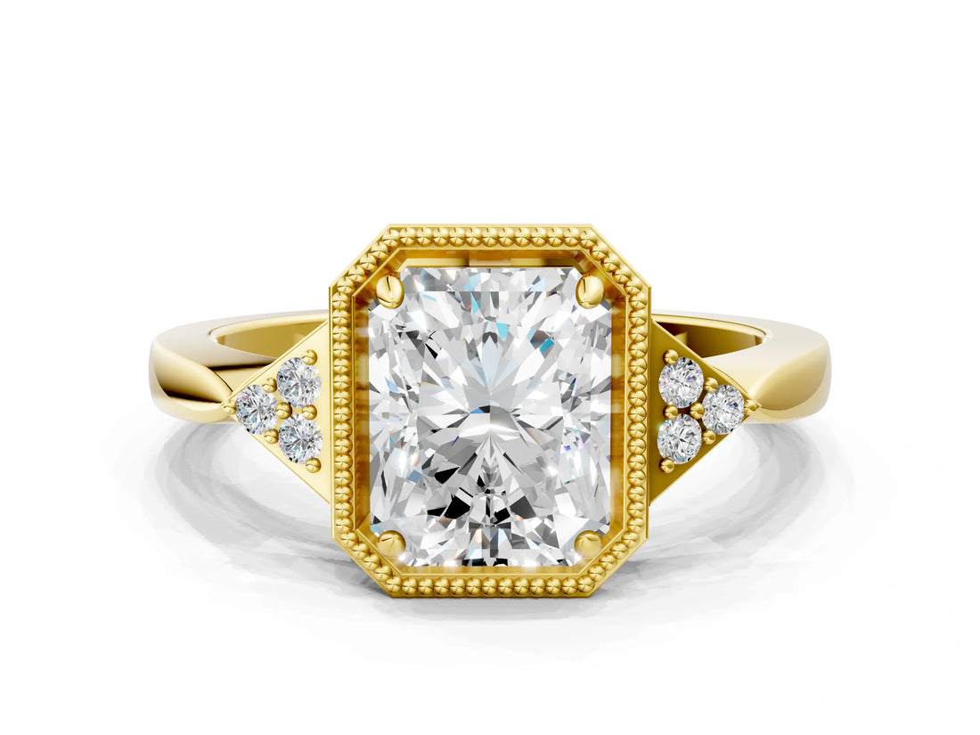 Yellow gold Hexagonal Halo Radiant Cut Diamond Solitaire with Pavé Band and Four-Prong Setting_3
