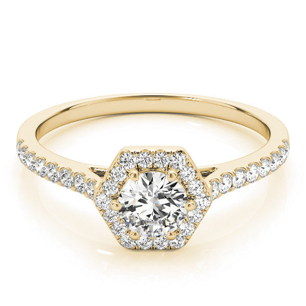 Yellow gold Hexagonal Halo Round Diamond Pavé Band with Four-Prong Setting
