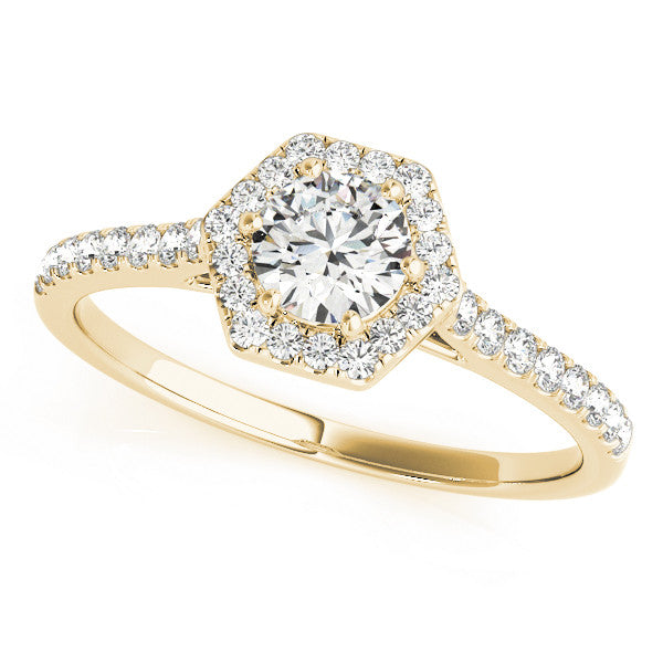 Yellow gold Hexagonal Halo Round Diamond Pavé Band with Four-Prong Setting