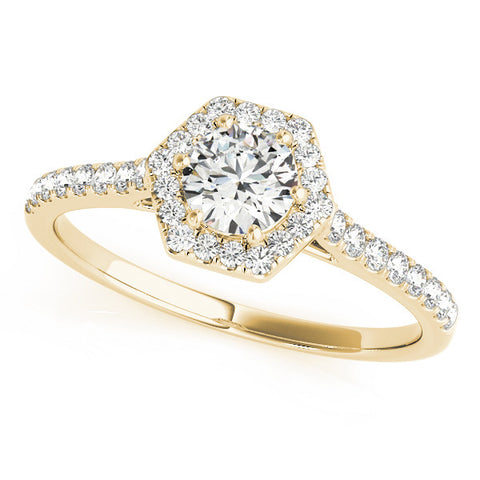 Yellow gold Hexagonal Halo Round Diamond Pavé Band with Four-Prong Setting