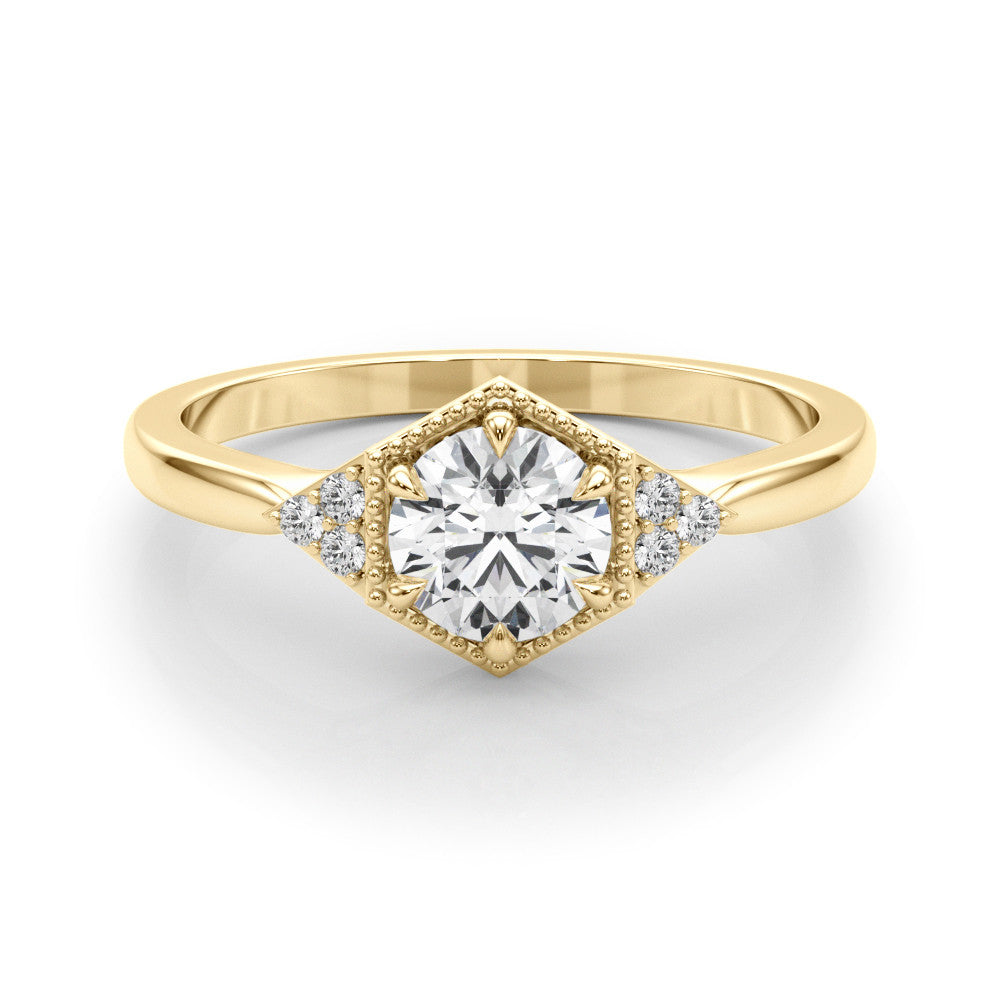 Yellow gold Hexagonal Halo Round Diamond Solitaire with Pavé Band and Four-Prong Setting 1