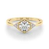 Yellow gold Hexagonal Halo Round Diamond Solitaire with Pavé Band and Four-Prong Setting 1
