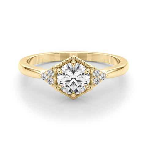 Yellow gold Hexagonal Halo Round Diamond Solitaire with Pavé Band and Four-Prong Setting 1