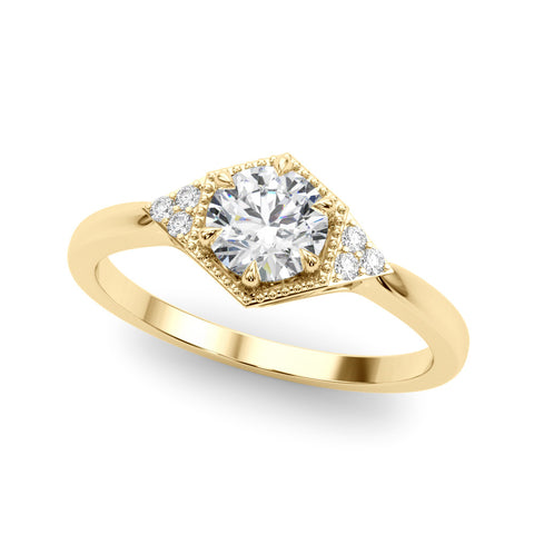 Yellow gold Hexagonal Halo Round Diamond Solitaire with Pavé Band and Four-Prong Setting