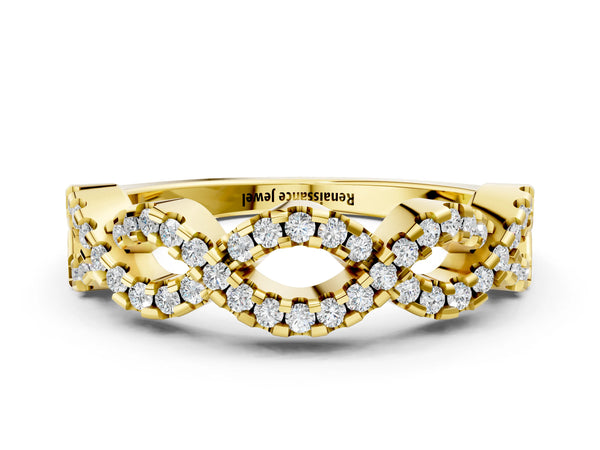 Yellow gold Infinity Diamond Pavé Round Stone Twist Band with Prong Setting
