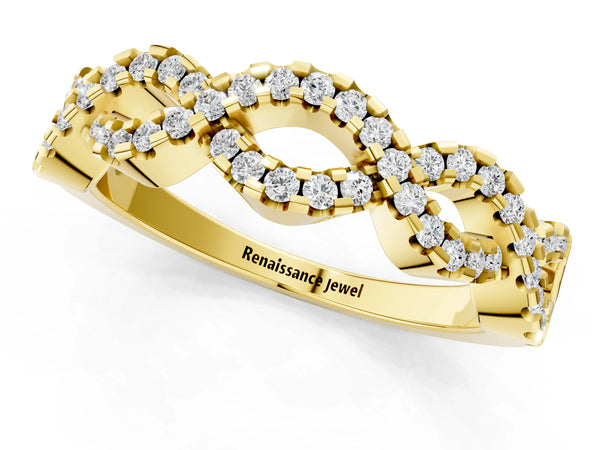Yellow gold Infinity Diamond Pavé Round Stone Twist Band with Prong Setting