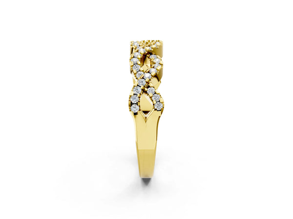 Yellow gold Infinity Diamond Pavé Round Stone Twist Band with Prong Setting