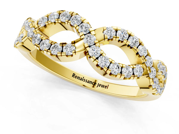 Yellow gold Infinity Twist Diamond Pavé Band with Round Stones and Prong Setting